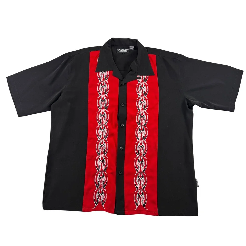 Vintage Dragonfly Clothing Co Tribal Flame Bowling Shirt Black Red XXL Y2K Biker